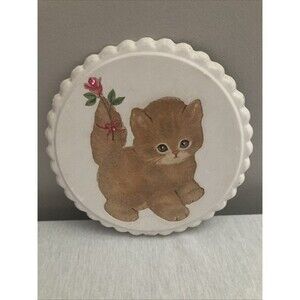 Vintage Kitten With Pink Rose Wall Plaque Ceramic